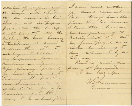 William Tecumseh Sherman Signed 1873 Letter Addressing Reconstruction, Railroads and Canals